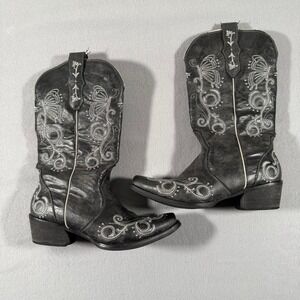 Women's Rollada Black Leather Stitched Cowboy Boots Western Slip On 8.5